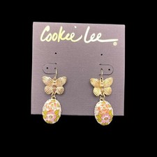 Vintage Cookie Lee Earrings Dangle Butterfly Floral Egg Cloisonné Gold Tone NEW