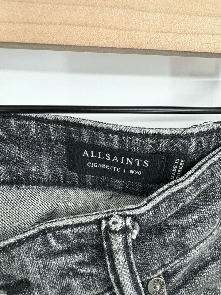 Pantalones de mezclilla para hombre All Saints dañados por cigarrillos ajustados desteñidos negros lavados 30x32 Foto 3 de 4