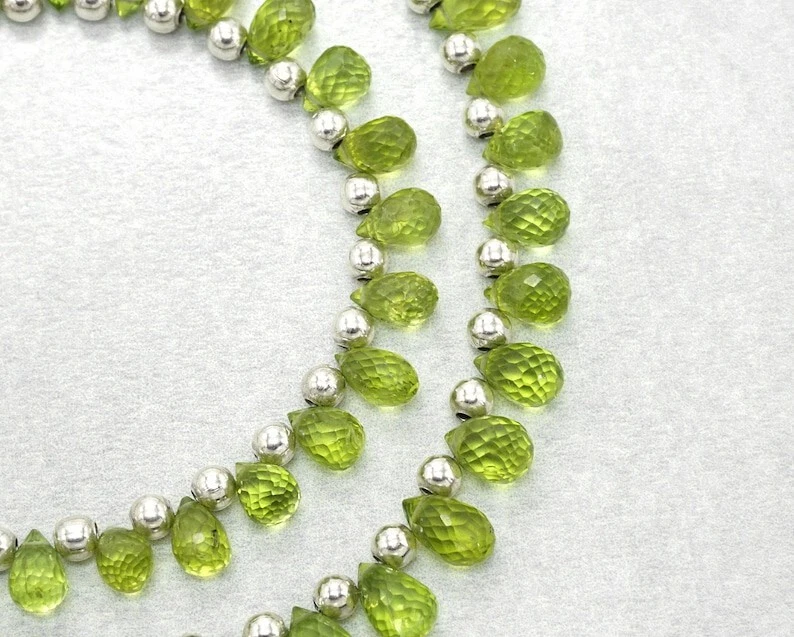 AAA++ Nature Peridot Faceted Teardrop Gemstone Silver Feld Beads Necklaces 18'' - Image 2 of 4