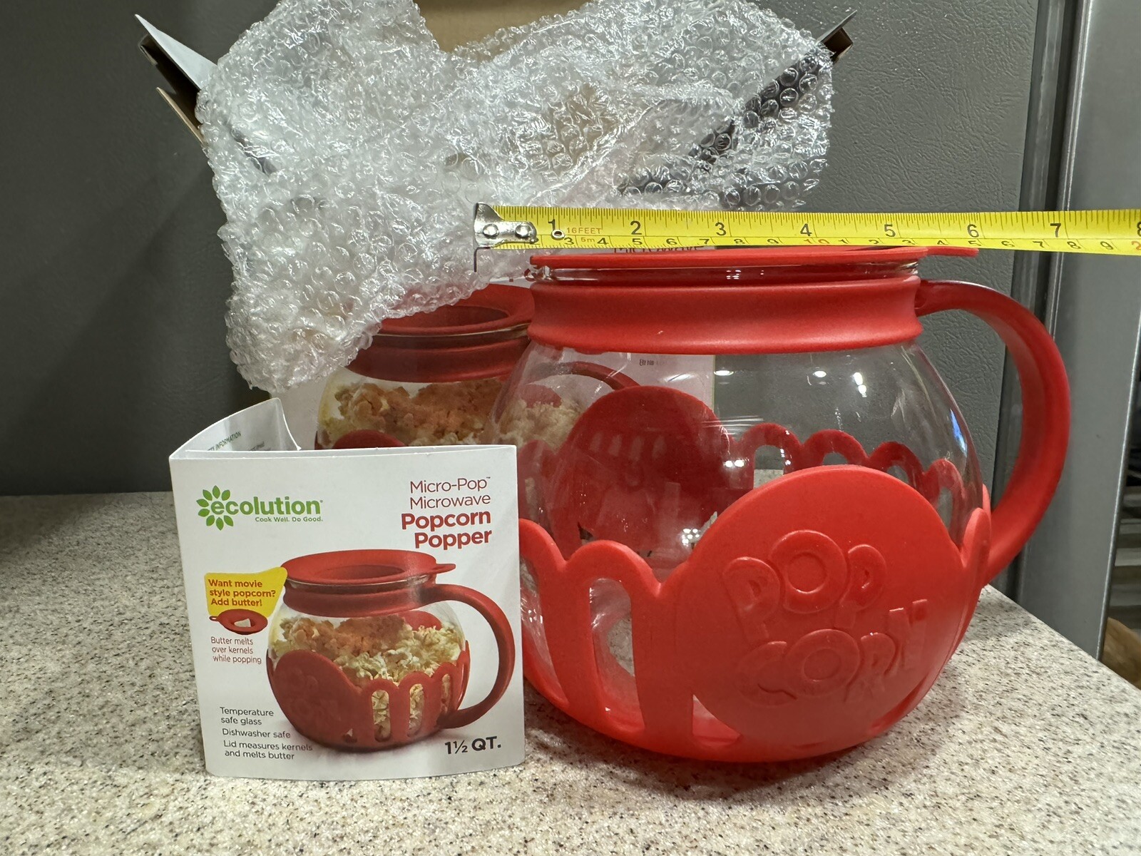 Ecolution Micro Pop 1.5 Quart Glass Silicone Microwave Popcorn Popper Red New!