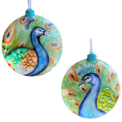 Set 2 Kurt Adler Decoupage Peacock Ornaments Flat Discs Birds Christmas Painted