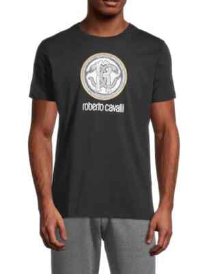 Roberto Cavalli Men's Snake Medallion Logo Short Sleeve Grafic Tee, Navy, Md
