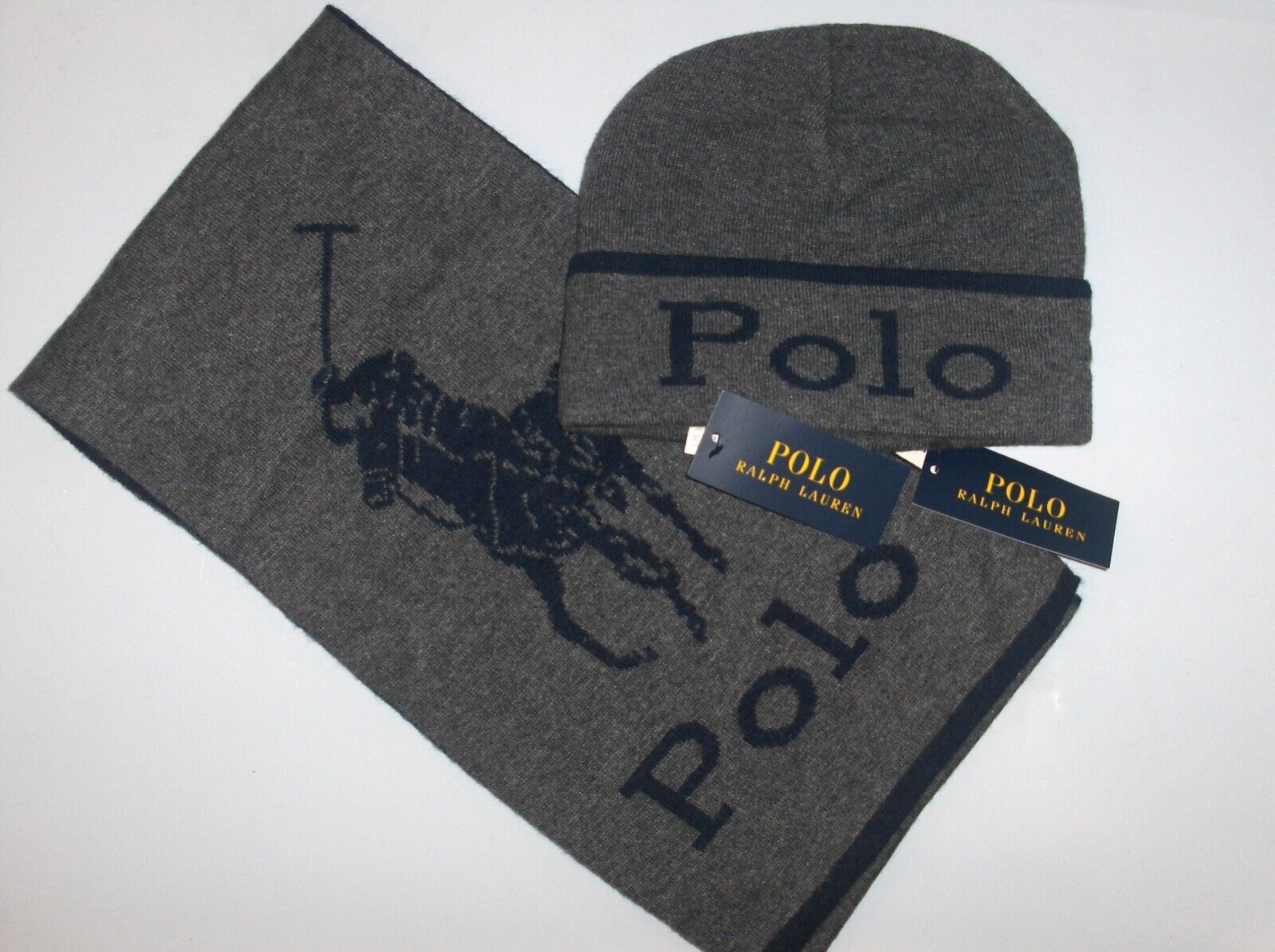 POLO RALPH LAUREN berretto uomo berretto berretto e sciarpa grande pony GRIGIO ANTRACITE BLU NAVY