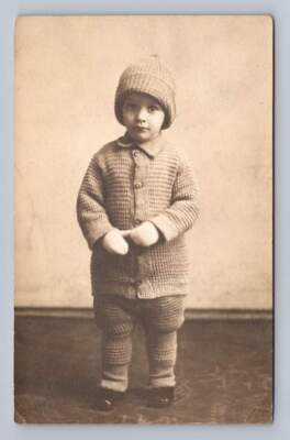 Boy in Interesting Marshmallow Winter Suit ''Milton Sova'' RPPC Cute Antique Photo