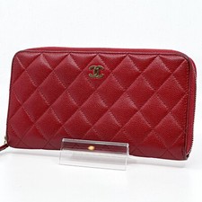 CHANEL Matelasse Caviar Skin Round Zippy Long Wallet Purse leather Red Auth