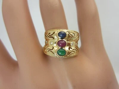 Bague En Or Jaune 14K Avec Rubis, Émeraude, Saphir Bleu Et Diamant 0,68 Ct - Photo 1/4