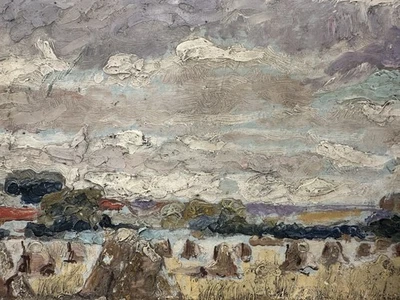 Huile sur panneau impressionniste signée GRUN : Ecole Française meules de foin - Photo 1/4
