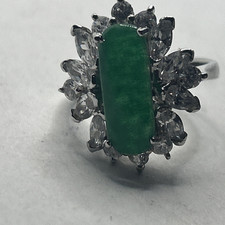 Vintage Sterling Silver Green Cabochon Ring with cz's Size 8 Oval Gem 925