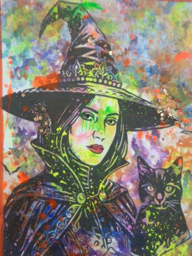 ATC  ACEO  Halloween WITCH BLACK CAT Abstract  Art **** MIDTOBER SALE Ends 10-19