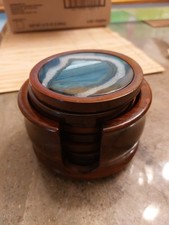 Vtg Set of 8 Blue Agate Stone Coasters 3" Stones Set On Brazilian Wood/holder
