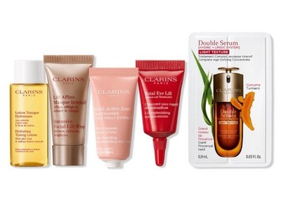 Clarins 5pc Travel Set: Total Eye Lift Multi Active Cream Toner Facial Lift Wrap
