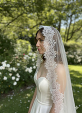 mantilla Veil 1 layer bridal lace veil french Chantilly lace trim