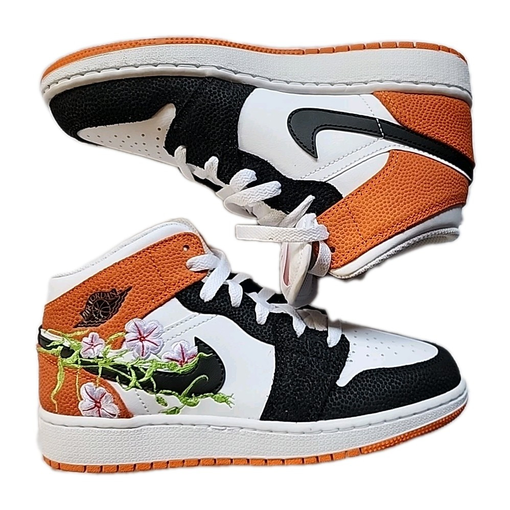 Jordan 1 Mid Garden Unisex Baby Shoes Size 5Y Boy Girl Flowers Orange