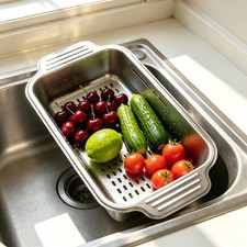 Expandable Over‑the‑Sink Colander Fruit Vegetable Washing Drain Basket Stainless