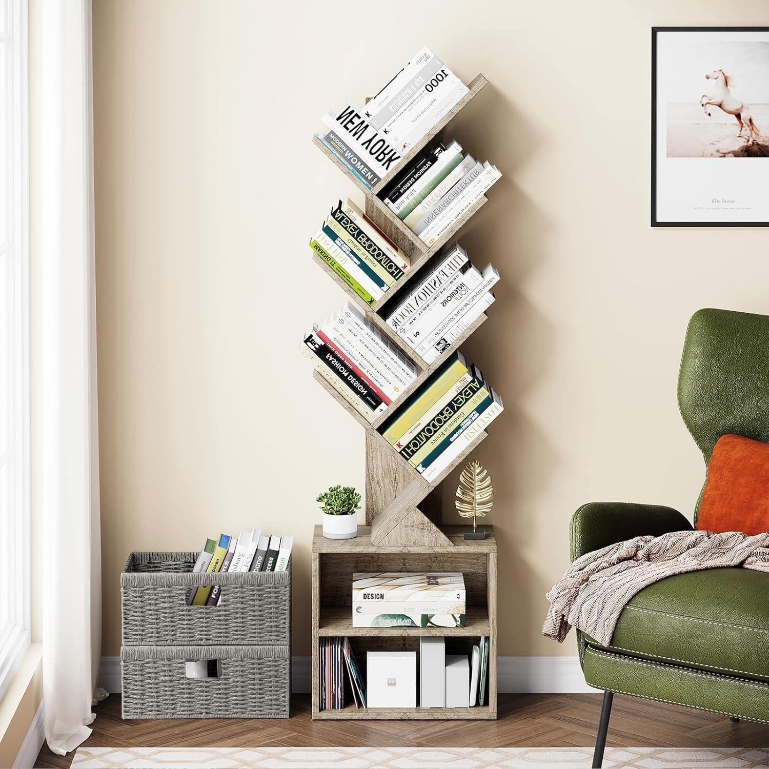 Vagusicc 6 Tier Tree Bookshelf, Modern Floor Standing Bookcase 6 Tier, Greige