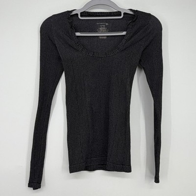 Intimately Free People Black White Micro Print Scoop Neck Long Sleeve Top L/XL