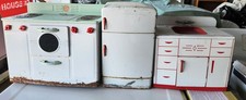 3 Wolverine 1950's Tin Metal Kitchen Play Set Fridge Oven Sink Red/White