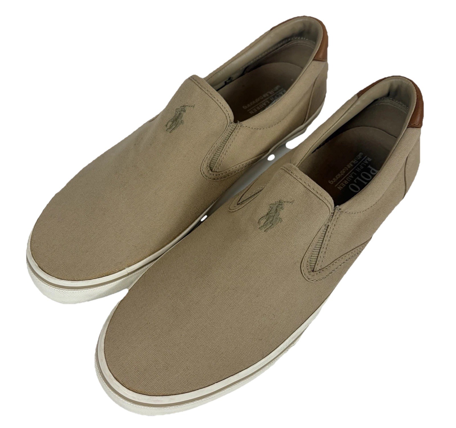 Polo Ralph Lauren Thompson Canvas Leather Low Top Slip On Shoes Tan Men’s 10.5D