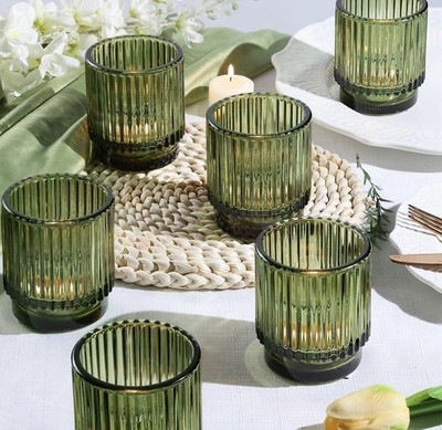 DEVI  Green Glass Votive Candle Holders for Wedding Centerpieces 8 Pcs Per Set