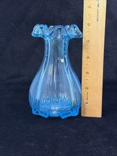 Turquoise Blue Hand Blown Ruffled Vase 6  Tall