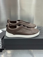 Zegna Triple Stitch Dark Brown Calf Leather Slip Men's Sneakers