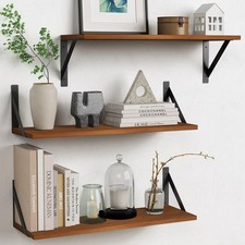 Walnut Floating Wall Shelves 24x8in Set of 3 Wooden Bookshelves