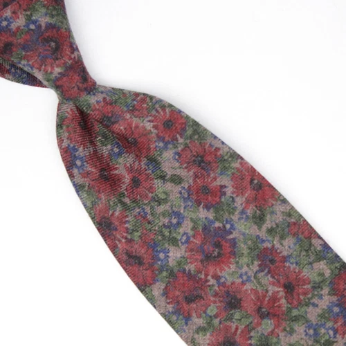 Josiah France Mens Wool Necktie Gray Burgundy Green Floral Print Tie Italy