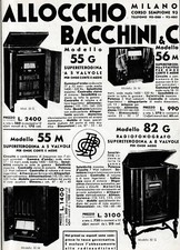 PUBBLICITA' 1935 RADIO ALLOCCHIO BACCHINI MOD. 55G 56M 55M 82G CARATTERISTICHE