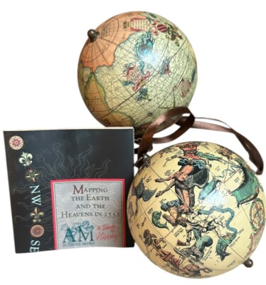 Earth & Heaven Ornaments Set Of 2 Authentic 1551 Maps Atlases Globes Vintage