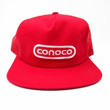 Conoco Trucker Hat Red Snapback Mesh Cap Embroidered Patch Made in USA Vintage