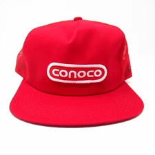 Conoco Trucker Hat Red Snapback Mesh Cap Embroidered Patch Made in USA Vintage