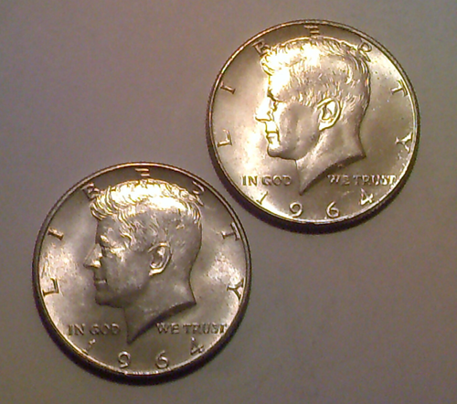 Lot of Two 1964 Kennedy Half Dollar Coins, Brilliant Uncirculated, 90% Silver