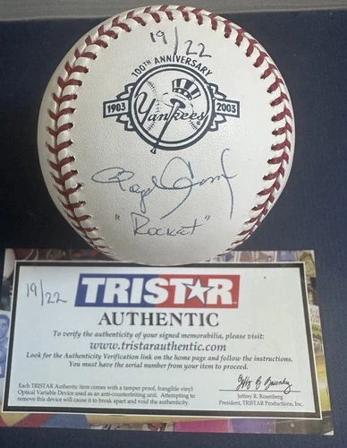 Roger Clemens Signed 100 Anniv Yankees Baseball Rocket Auto MLB Tri-Star Le /22
