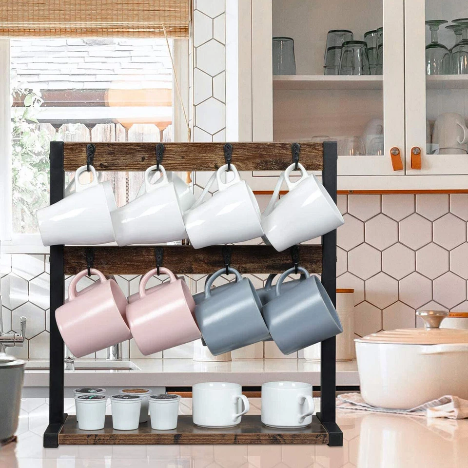 2-Tier Coffee Mug Holder Stand Wood &Metal Tabletop Coffee Cup Storage Tree Base - image 3 of 4