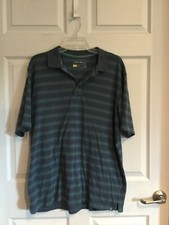 EUC Eddie Bauer Men  s Large polo shirt gray green stripe short sleeves 