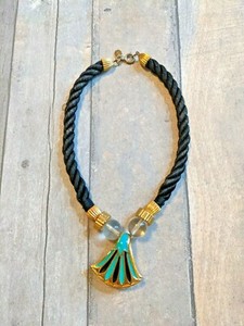 Authentic Vintage Gay Boyer Signed Gold Plated Enamel Lotus Flower Pendant Necklace Choker
