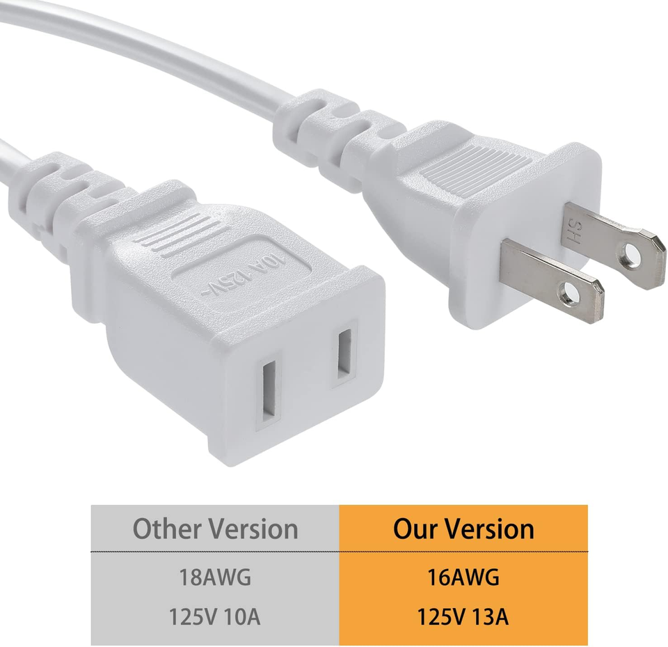 (2 Pack) White Extension Cord 15 Ft, Flat Thin Power Extension Cord, US