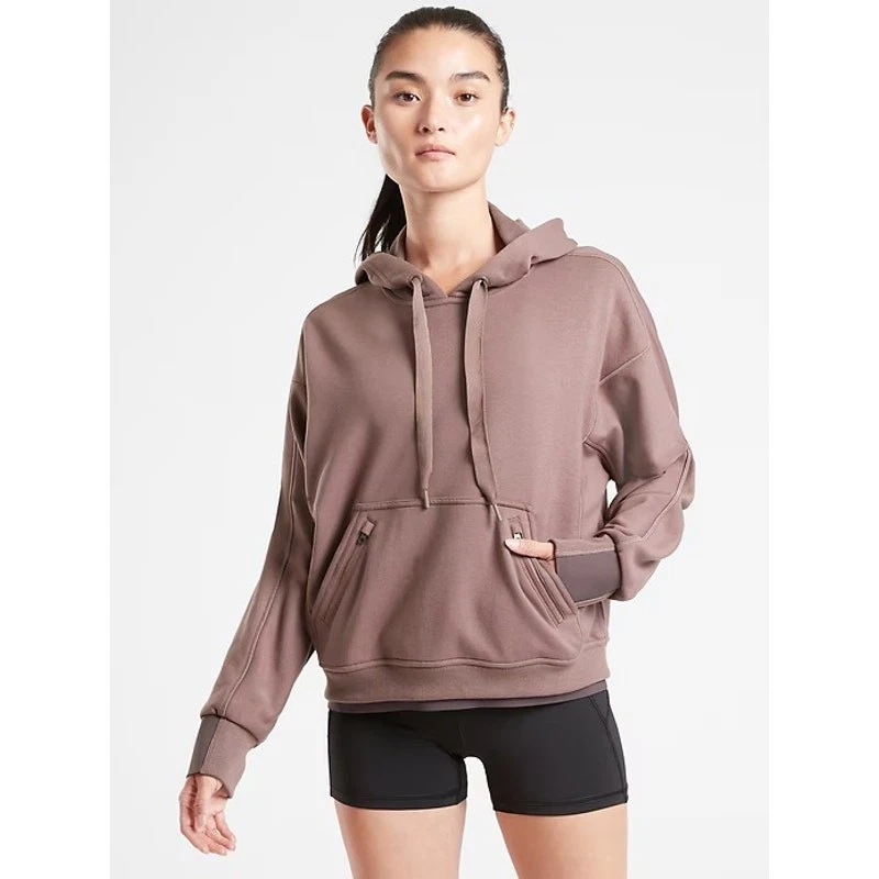 Athleta Recover Brown Mauve Drawstring Pockets Hoodie Sweatshirt Sweater Top S