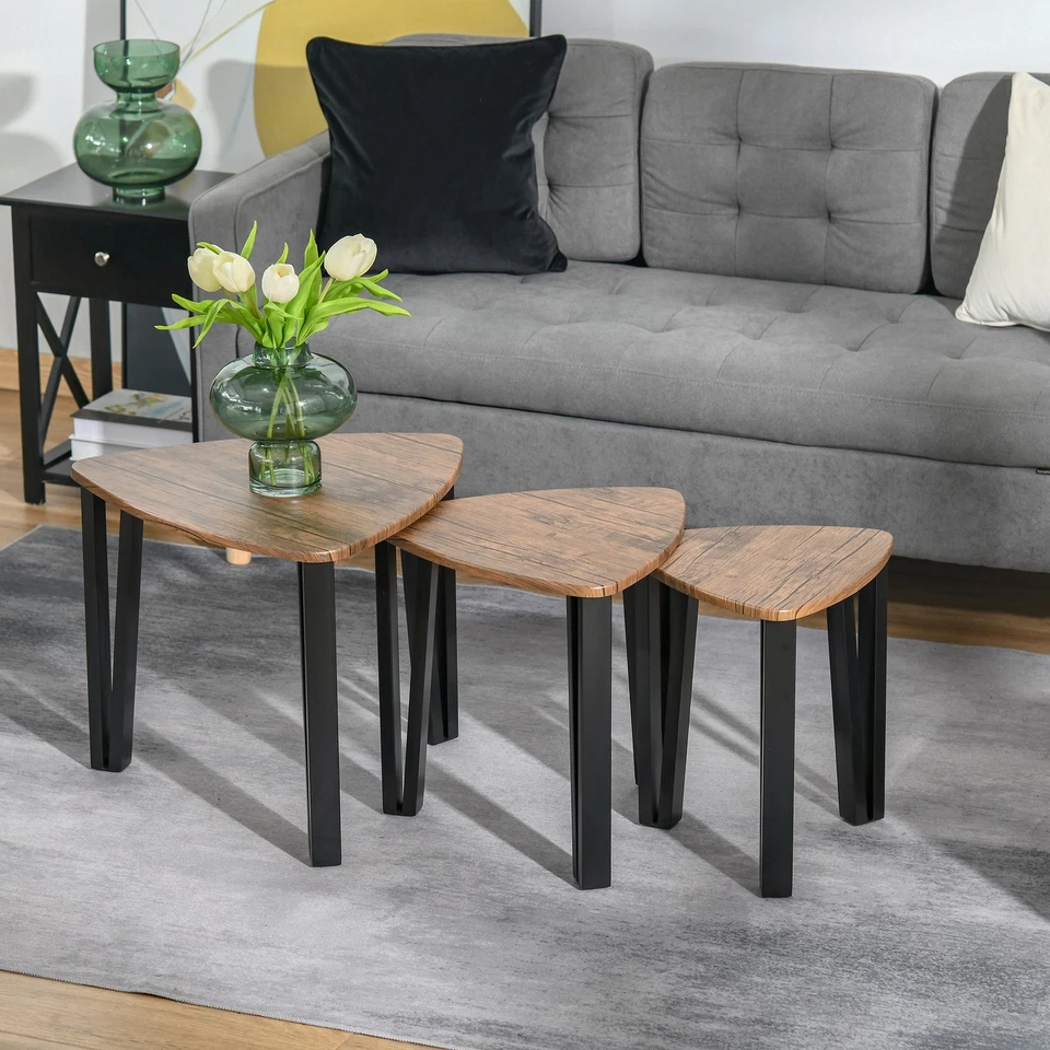 HOMCOM 3 PCs Nesting Table Coffee Table  Set MDF Living Room Furniture Walnut - Image 2 of 4