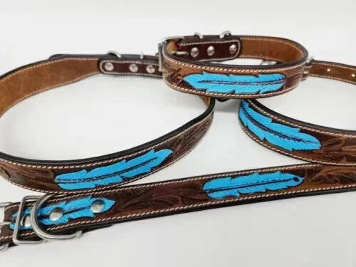 Leather Dog Collar With Handmade Aqua Feather Tooled Pattern Pet Collar.
Opens in a new window or ta