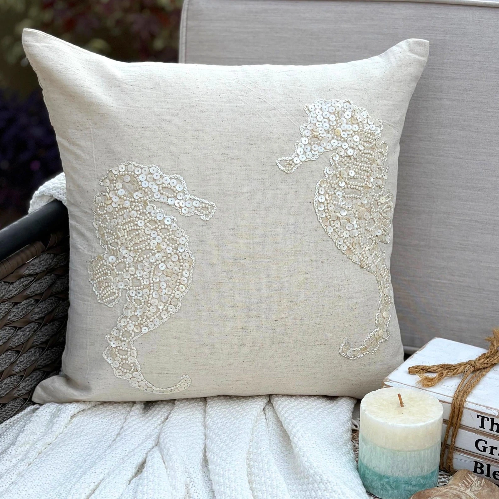 Decorative Pillow Case Beige 16"x16", Room Decor Cotton - Sea Horse Pearls
Opens in a new window or