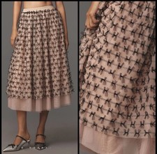 NWT Anthropologie Maeve 3D Bows Midi Skirt Peachy Nude Black Tulle Women s M