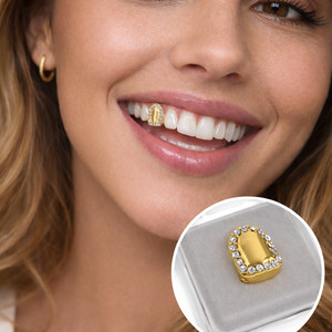 Authentic 14k Gold Plated Grillz Single Cap Iced Canine Slug Shield Bling Out CZ Tooth
