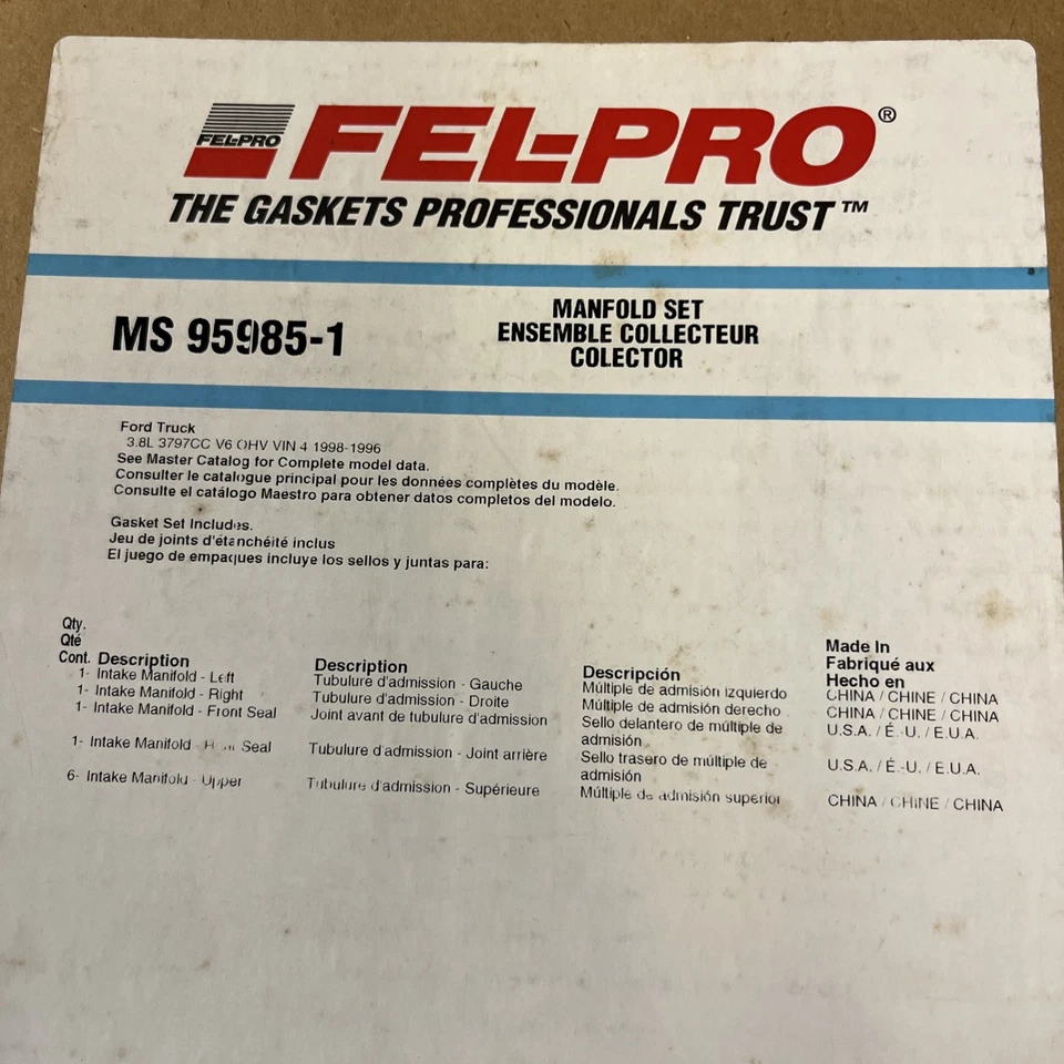 Juego de juntas de colector de admisión FEL-PRO MS95985-1 - 1996-1998 Ford Windstar 3,8 L V6 Foto 2 de 4