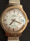 Vintage Timex Automatic Mens Watch 35mm Silver Dial Date Gold Tone Works Clean