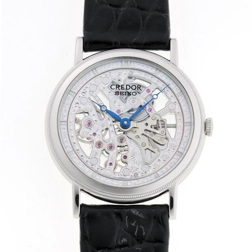 SEIKO CREDOR SIGNO GBBD987 6899-0010 Manual Skeleton Platinum Leather Mens Watch