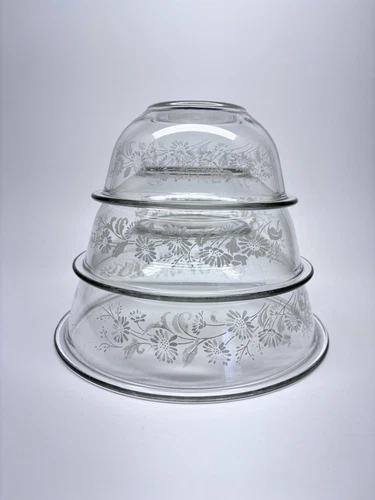 Vintage Pyrex Colonial Mist Clear w/White Flowers Mixing Bowls #325, #323, #322