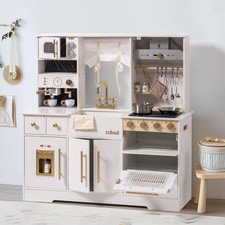 Wooden Play Kitchen Set for Kids and Toddlers with Coffee Machine, Ice Maker, Mi
