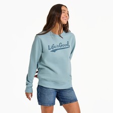 Life is Good Women's Tonal LIG Ballyard Script Good Vibes Fleece Crew Smoky Blue