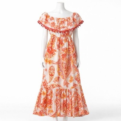 Flying Tomato Maxi Dress Small Off Shoulder Boho Tassel Hem Floral Paisley